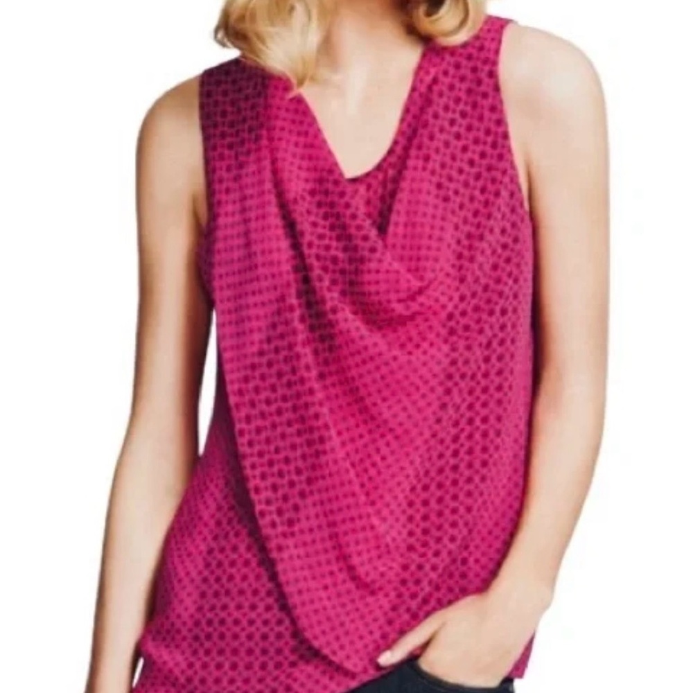 Cabi #983 Brilliant Sleeveless Draped Fushia Blouse Top Med dot/floral print